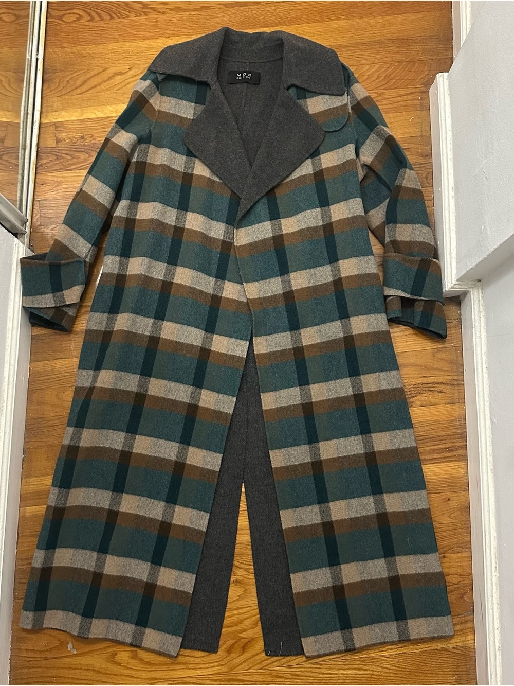 MOS Plaid Long Wool Trench Coat in Teal, Brown & Gray